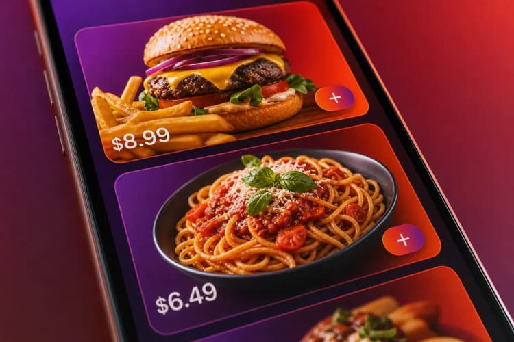 Um close-up de um cardápio digital com fotos de pratos deliciosos e preços claros em um smartphone