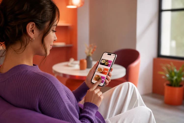 Uma pessoa usando um smartphone para navegar em um cardápio online com design moderno e intuitivo