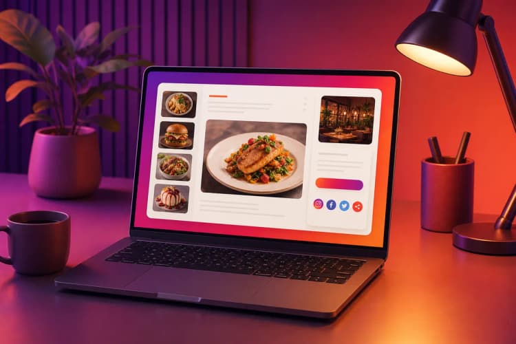 Um laptop exibindo um site de cardápio online com opções de compartilhamento em redes sociais