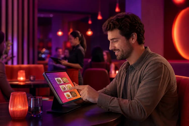 Um cliente satisfeito usando um tablet para fazer um pedido em um restaurante com um cardápio digital claro e fácil de usar