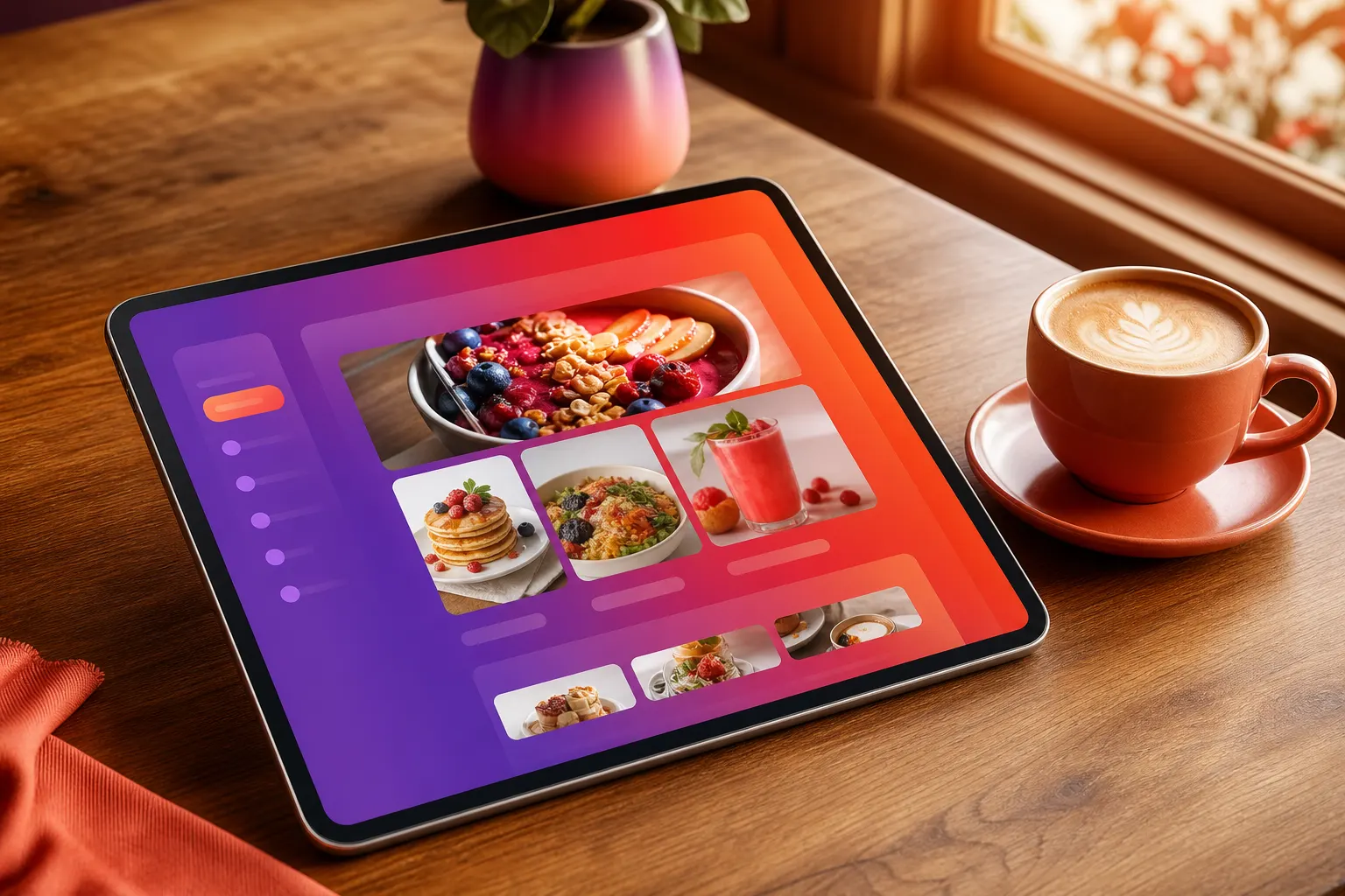 Um cardápio digital em um tablet moderno sobre uma mesa de madeira com um café ao lado