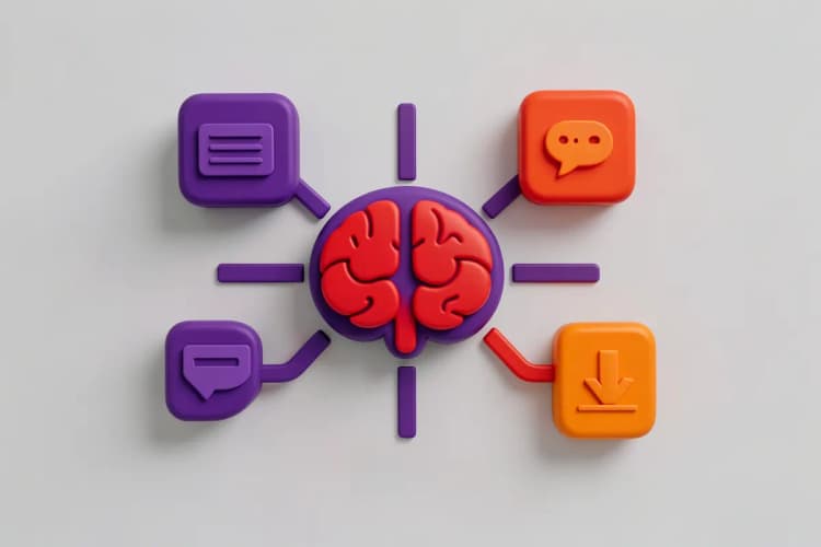 Um diagrama de fluxo mostrando um site com um ícone de cérebro de IA no centro, com setas apontando para ícones de formulário de contato, chat e download.