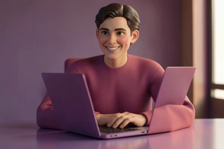 Uma pessoa sorrindo enquanto usa um laptop, com gráficos de crescimento e leads aparecendo na tela.