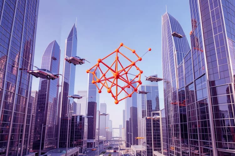 Um horizonte futurista com arranha-céus e carros voadores, com um ícone de rede neural sobreposto, simbolizando o futuro da captação de leads com IA.