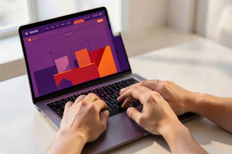 Uma pessoa digitando em um laptop com um site em construção na tela.