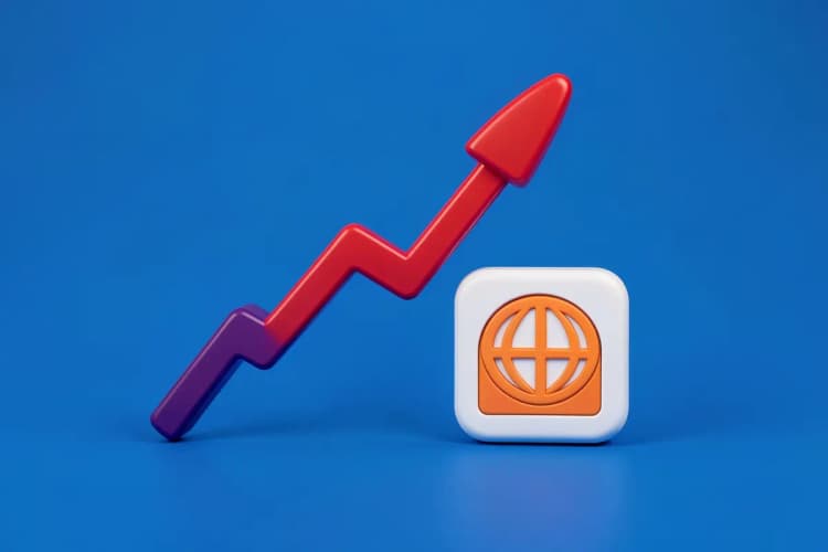 Gráfico de crescimento subindo ao lado de um ícone de site em um fundo azul.