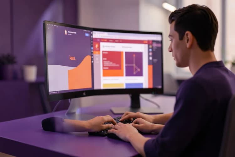 Um designer trabalhando em um site em um computador com ferramentas de design visíveis.