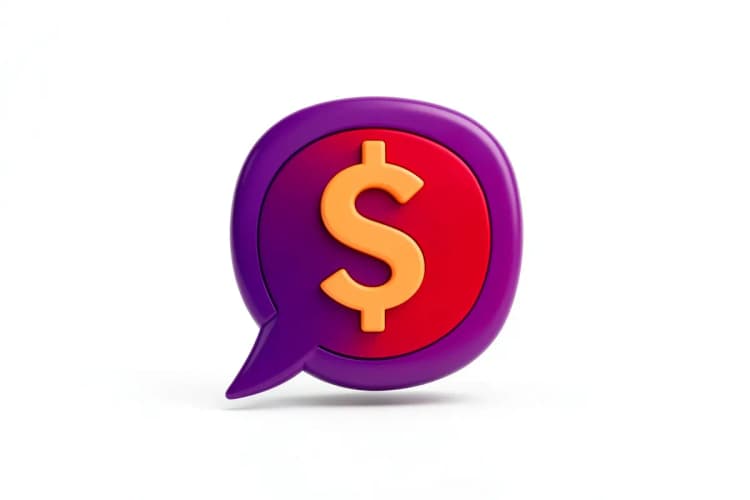Um ícone de balão de diálogo do WhatsApp com um cifrão ($) sobreposto, em um fundo branco limpo.