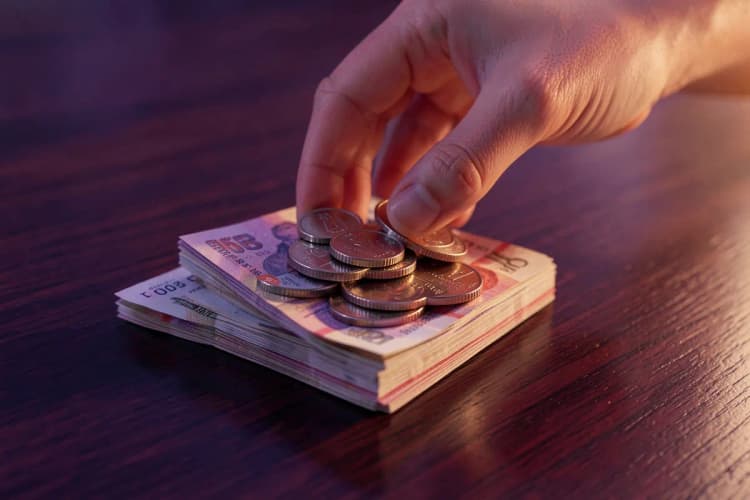 Uma pilha de moedas de diferentes valores e notas de dinheiro dobradas sobre uma mesa de madeira escura, com uma mão adicionando mais moedas.