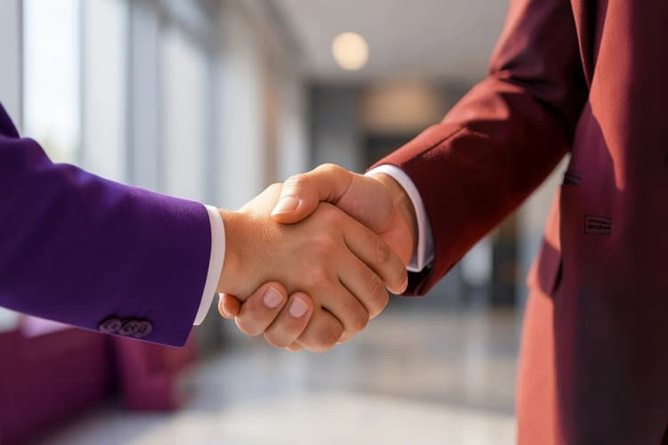 Um aperto de mãos entre duas pessoas em frente a um fundo desfocado de um ambiente de negócios moderno, simbolizando parceria e sucesso.