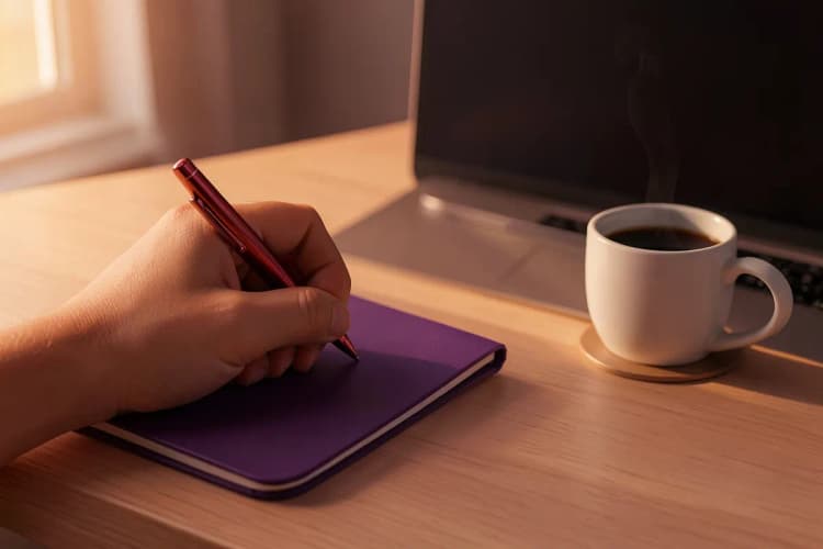 Uma pessoa escrevendo em um caderno fechado com uma caneta ao lado, em uma mesa com um laptop e um copo de café.