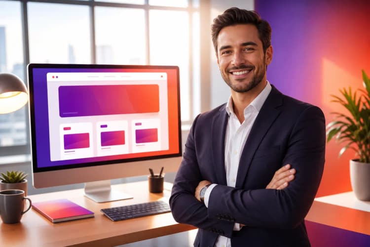 Um empresário sorrindo em frente a um computador mostrando um site.