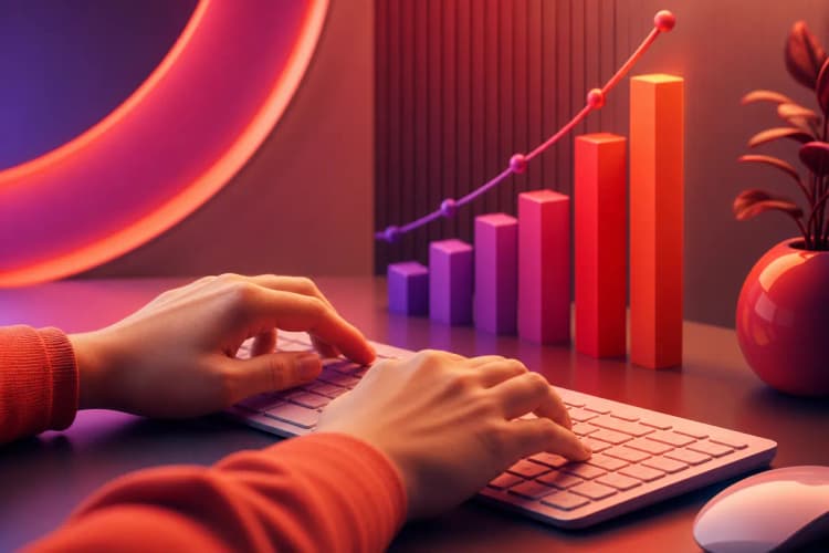 Mãos digitando em um teclado de computador com gráficos de crescimento ao fundo.