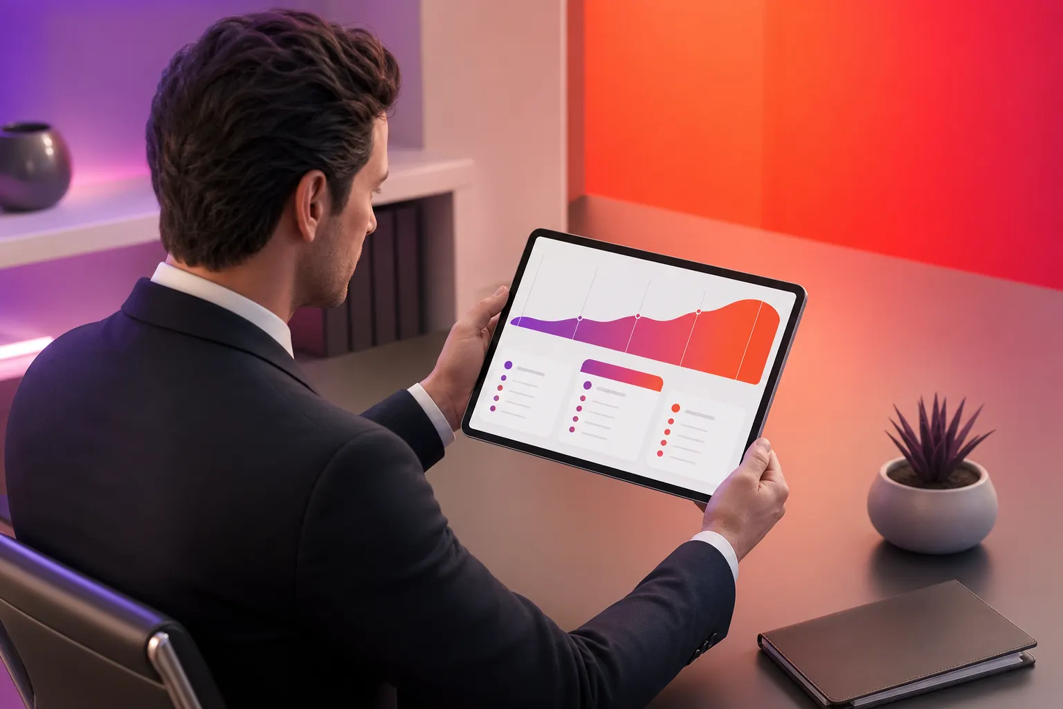 Um homem de terno olhando para um gráfico de custos de site em um tablet.