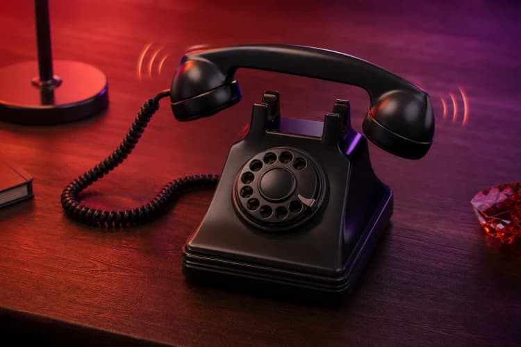 Telefone antigo tocando em uma mesa de madeira escura.