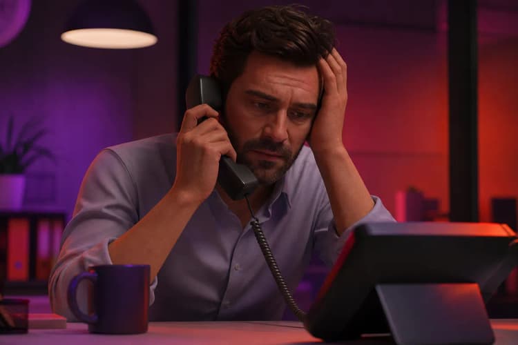 Homem com expressão de cansaço olhando para um telefone.