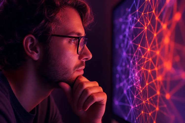 Uma pessoa pensativa olhando para um diagrama abstrato de conexões de rede em uma tela escura.