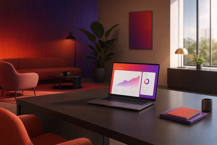 Um laptop aberto exibindo um site profissional com um gráfico de crescimento em tela, sobre uma mesa de madeira escura com um caderno fechado ao lado.