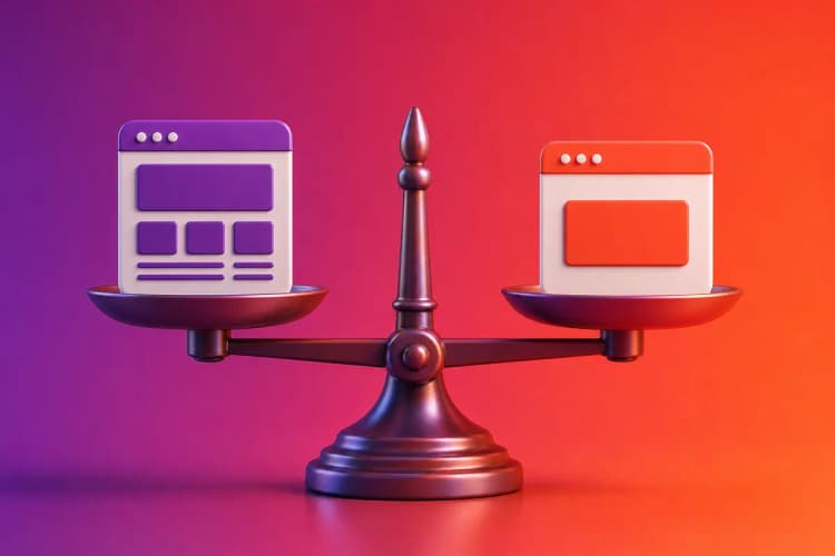 Uma balança com um ícone de site profissional de um lado e um ícone de site gratuito do outro, em um fundo branco.