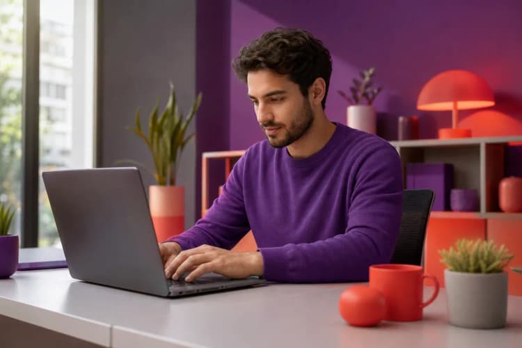 Uma pessoa trabalhando em um laptop em um escritório moderno, com um sorriso confiante.