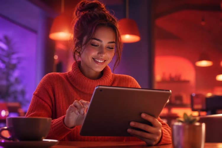 Uma pessoa usando um tablet em um café aconchegante, com uma xícara de café ao lado.