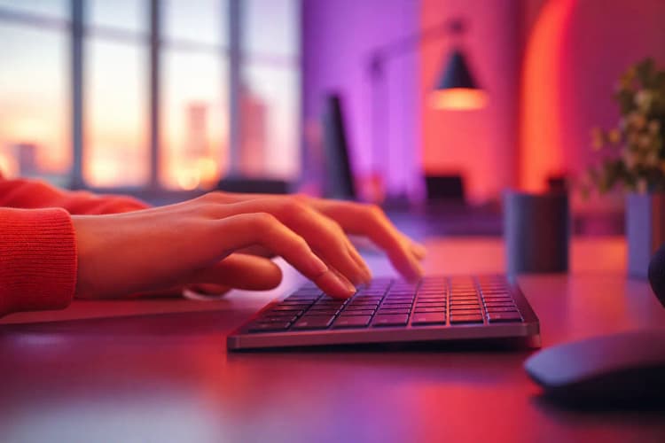 Mão digitando rapidamente em um teclado de computador, com um fundo desfocado de um escritório.