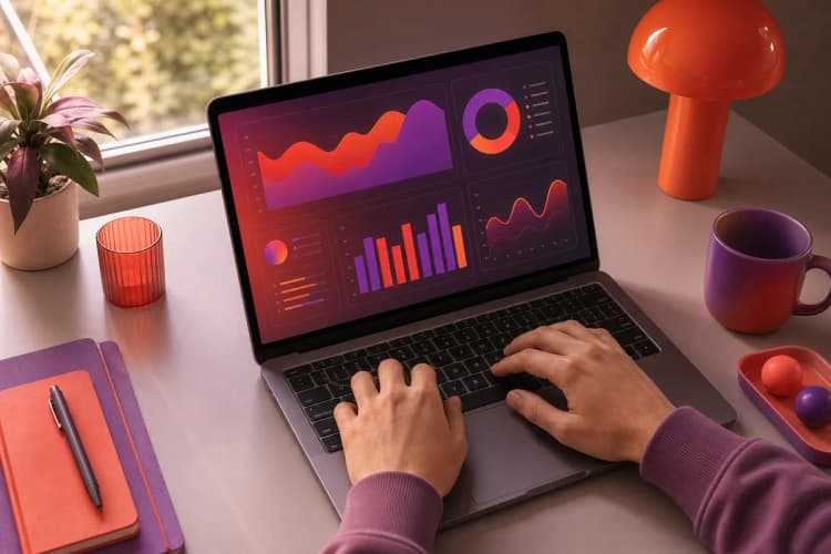 Pessoa digitando em um laptop com gráficos de crescimento na tela.