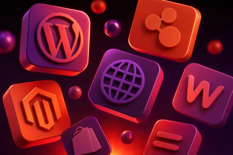 Ícones de diferentes plataformas de desenvolvimento de sites flutuando no ar.