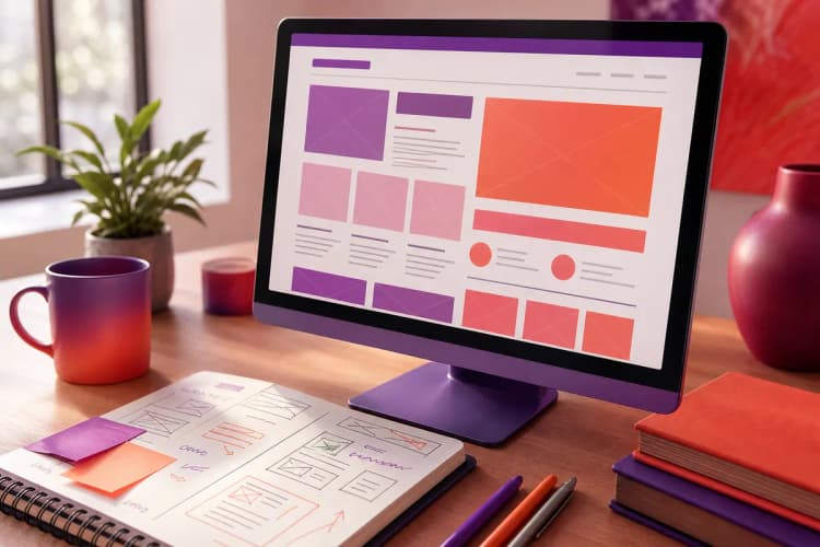Wireframe de um site em um monitor de computador com anotações.