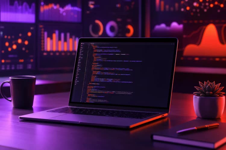 Código de programação sendo escrito em um laptop com gráficos de dados ao fundo.