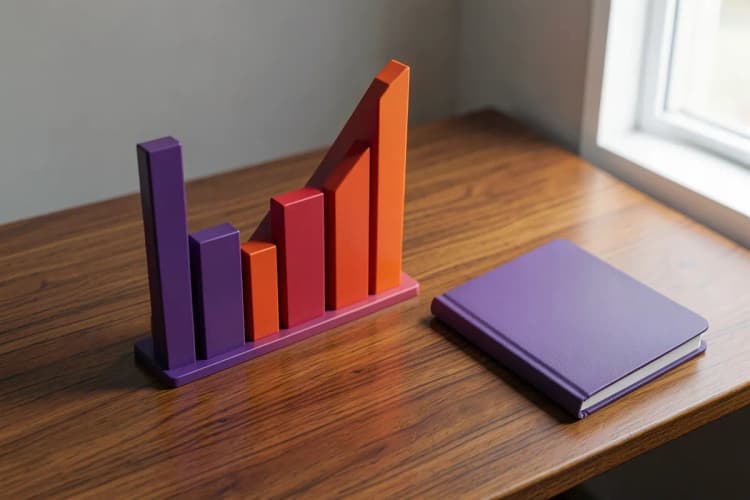 Gráfico de barras ascendente sobre uma mesa de madeira ao lado de um notebook fechado.