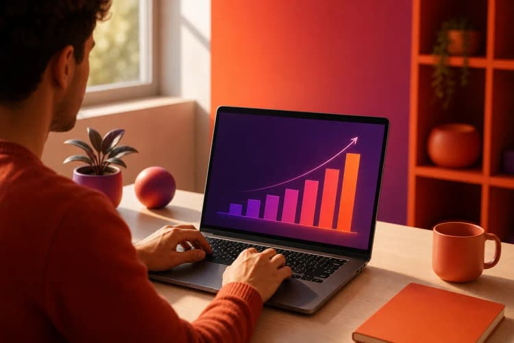 Uma pessoa digitando em um laptop com a tela focada em um gráfico de barras subindo, representando otimização de site para SEO.