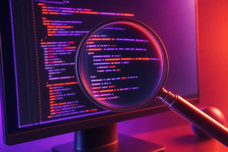 Uma lupa examinando um código de programação em um monitor de computador, simbolizando a análise técnica em SEO.