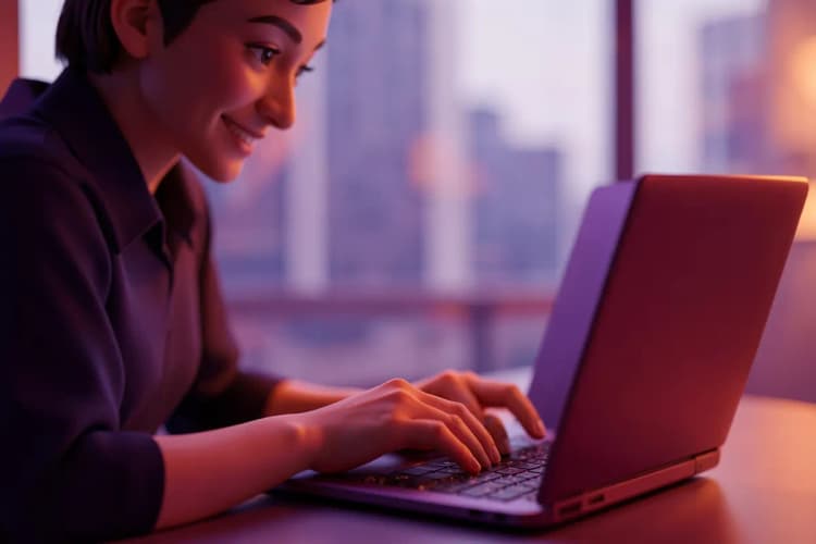 Uma pessoa digitando em um laptop com um sorriso no rosto, com uma janela desfocada ao fundo