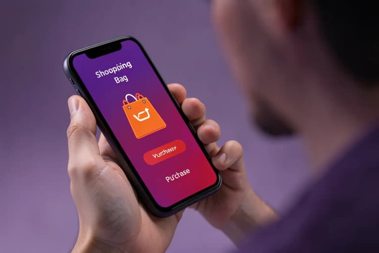 Uma pessoa usando um smartphone para fazer uma compra online, com uma sacola de compras virtual aparecendo na tela