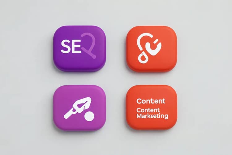 Quatro ícones representando pilares da comunicação digital: SEO, Mídias Sociais, Email Marketing e Marketing de Conteúdo