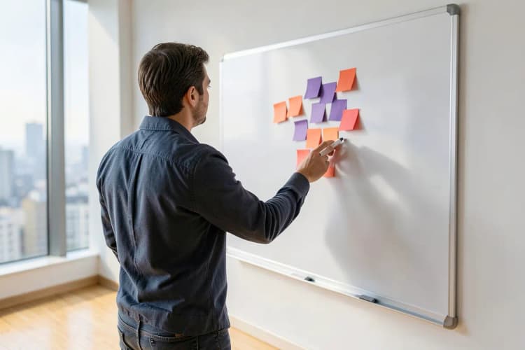 Uma pessoa planejando estratégias em um quadro branco com post-its e marcadores