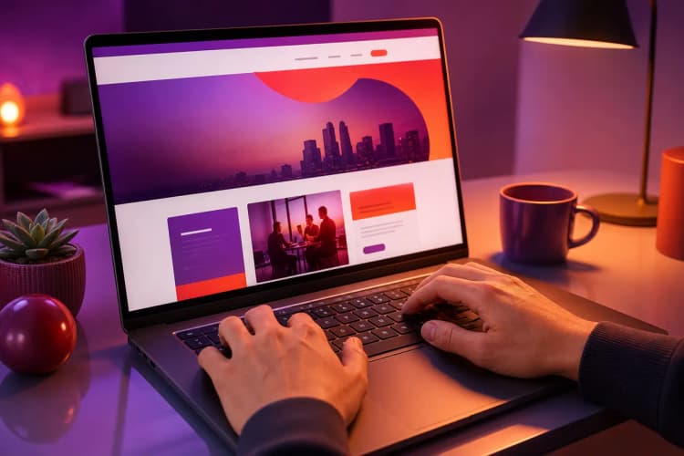 Uma pessoa digitando em um laptop com um site de negócios aberto na tela