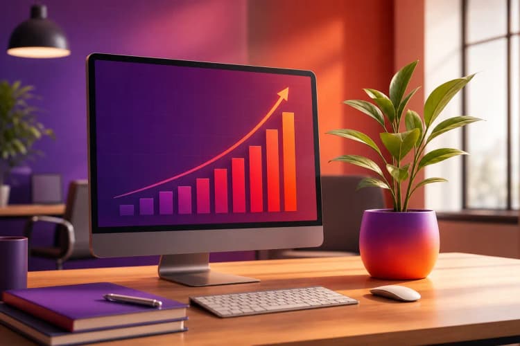 Um gráfico de crescimento em um monitor de computador com uma planta crescendo ao lado