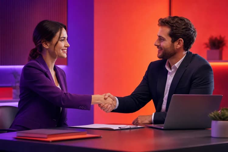 Um aperto de mãos sobre uma mesa com documentos e um laptop ao fundo