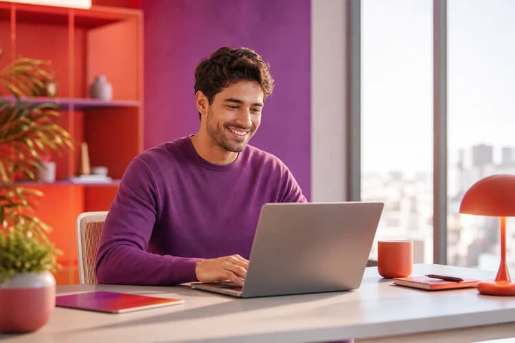 Uma pessoa sorrindo enquanto usa um laptop em um escritório moderno