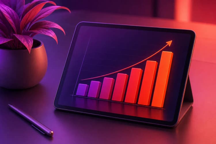 Um gráfico de barras mostrando crescimento em um tablet sobre uma mesa com uma planta ao lado