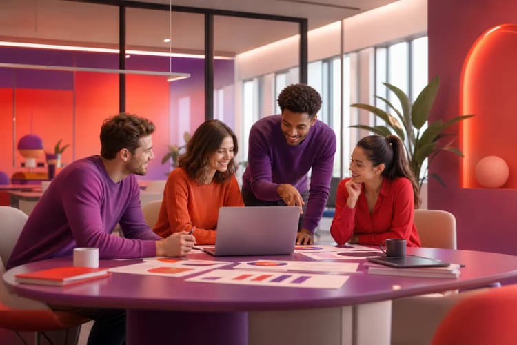 Uma equipe de pessoas colaborando em torno de uma mesa com um laptop e papéis