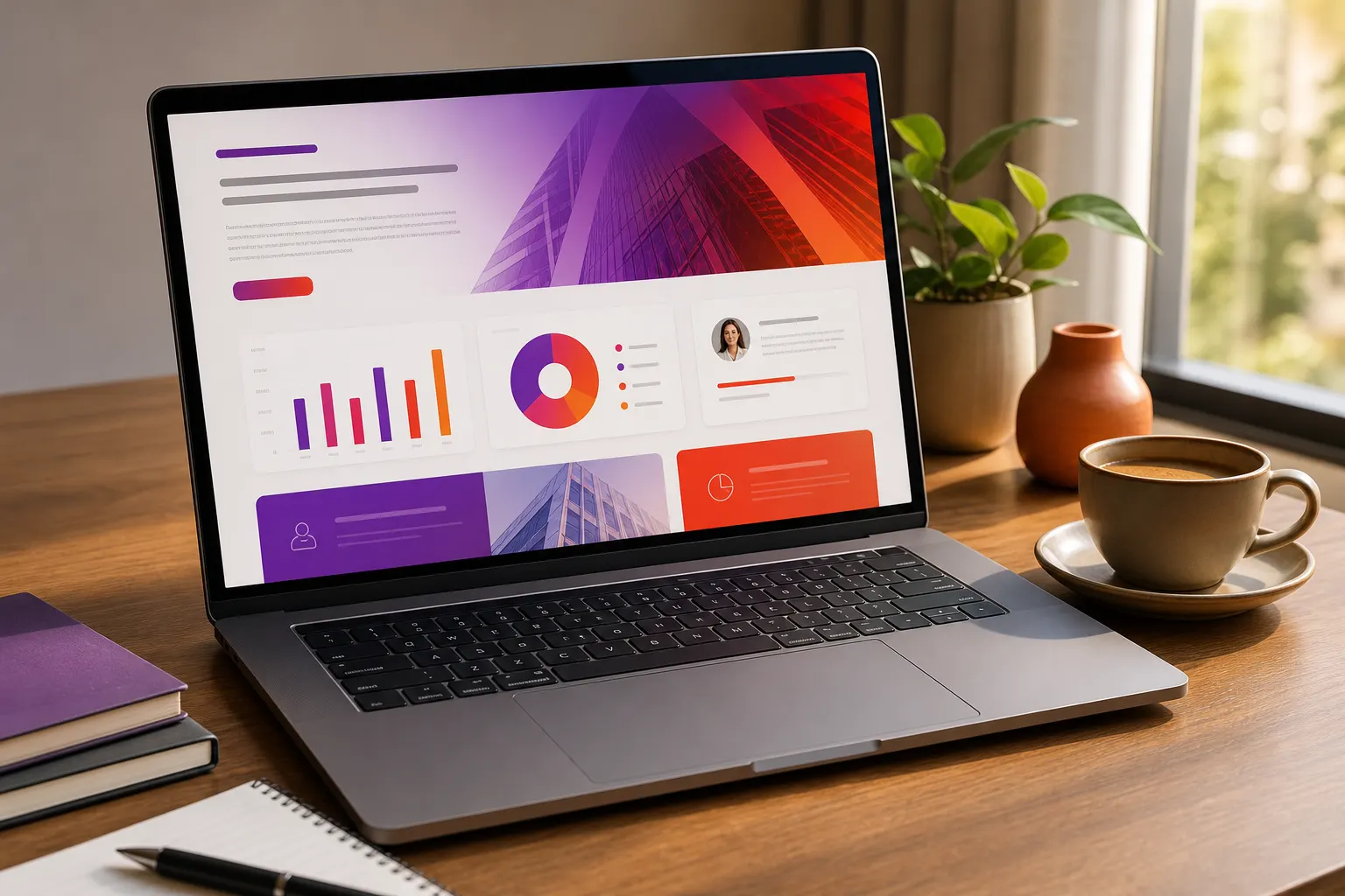 Um laptop aberto exibindo um site de negócios com gráficos e texto, em uma mesa de madeira com uma xícara de café ao lado