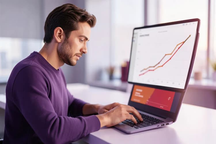 Uma pessoa digitando em um laptop com um gráfico de crescimento em uma tela em segundo plano