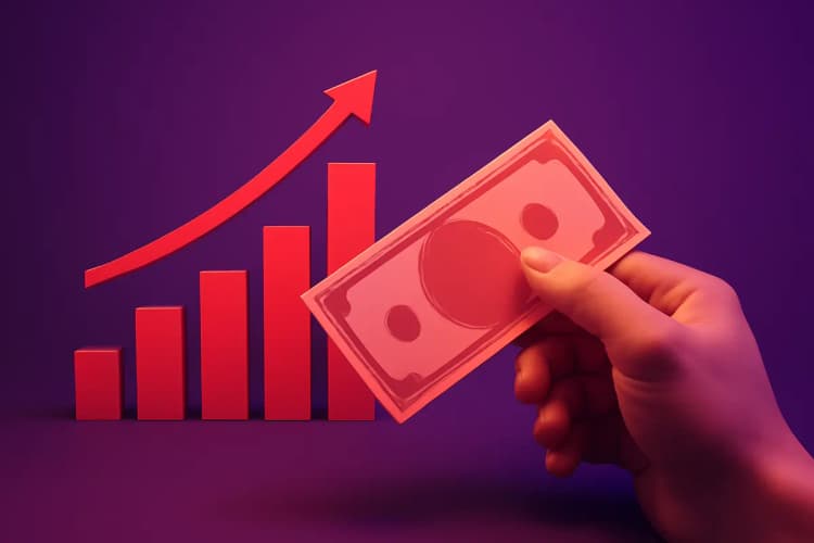 Uma mão segurando uma nota de dinheiro com um gráfico de crescimento em segundo plano