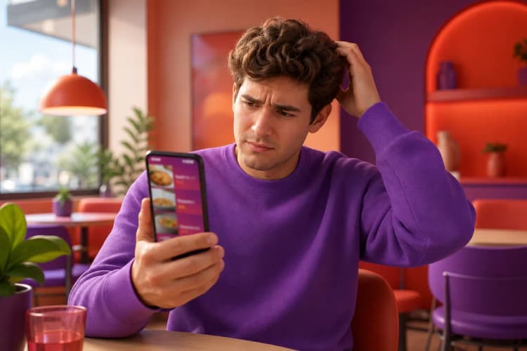 Uma pessoa olhando confusa para um cardápio online com fotos de baixa qualidade e texto ilegível em um smartphone.