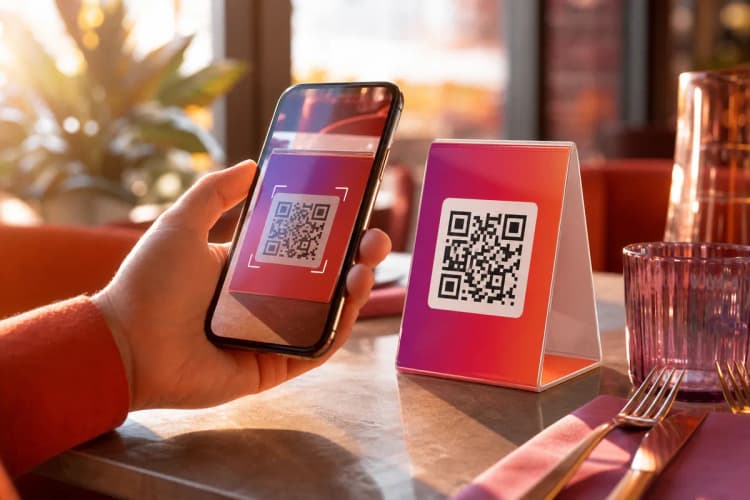 Uma mão usando um smartphone para escanear um QR code que leva a um cardápio online em um restaurante.