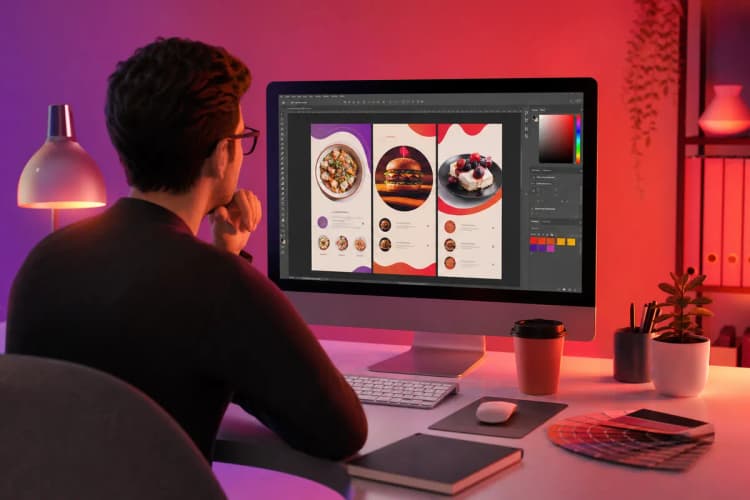 Um designer gráfico revisando um layout de cardápio online em um computador com várias ferramentas de design abertas.
