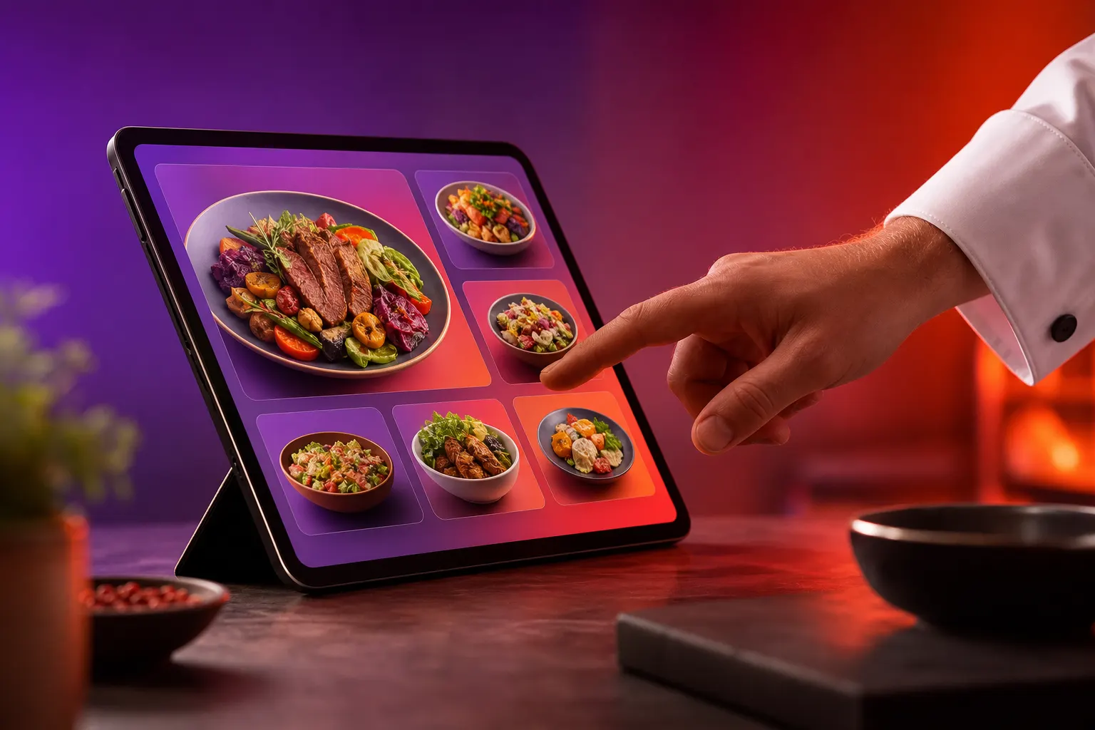 Um cardápio digital em um tablet exibindo pratos coloridos, com um fundo desfocado de um restaurante moderno.